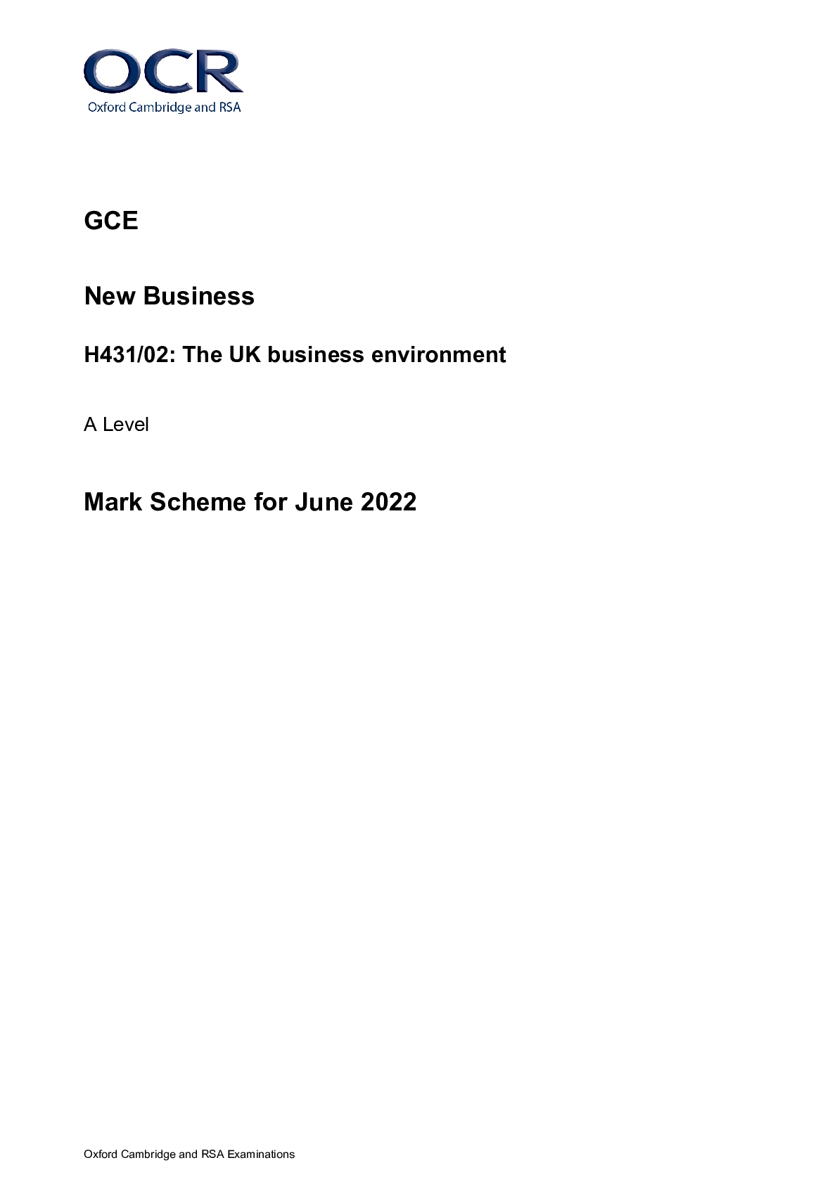 Preview image for OCR A LEVEL 2022 BUSINESS MARK SCHEME PAPER 2